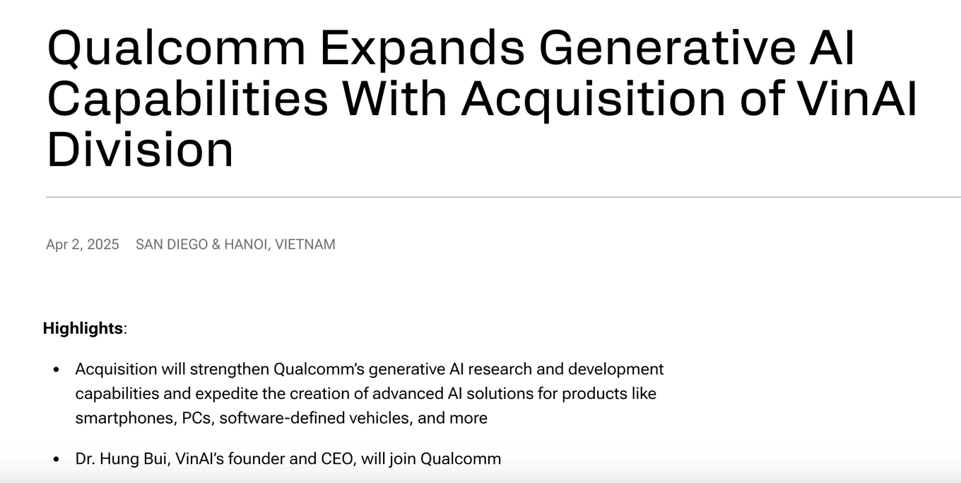Vingroup bán công ty AI cho tập đoàn Qualcomm sáng ngày 1/4 7 Vingroup bán lại Movian AI cho tập đoàn Qualcomm